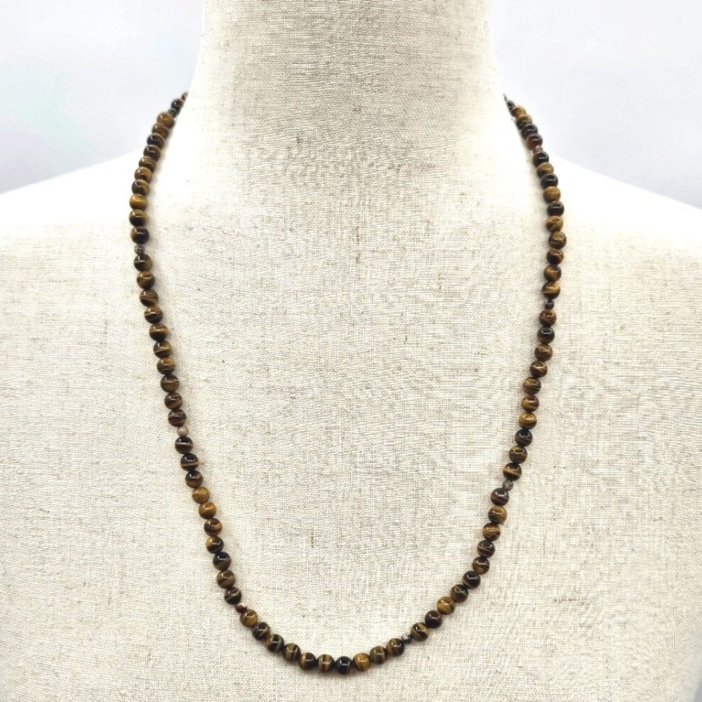 Natural Tigers Eye Beaded Necklace 6mm Round Gemstone Strand Brown Gold Unisex‎